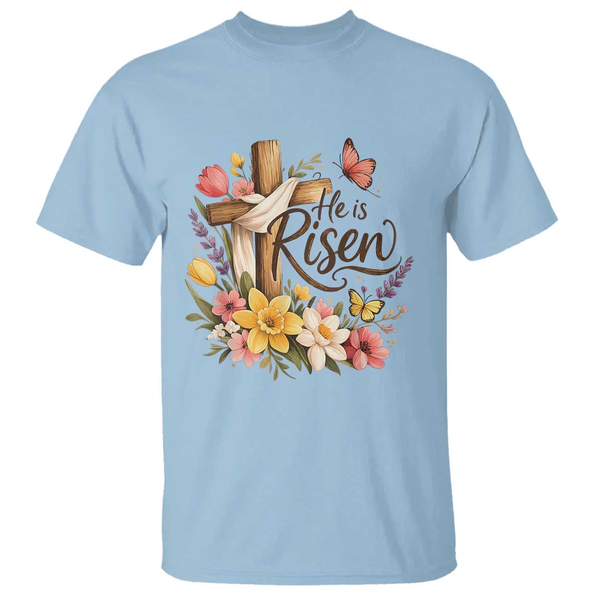 He Is Risen Floral Cross Christian Easter T Shirt Spring Flowers Butterfly Faith Inspirational Gift TS02 Light Blue Print Your Wear