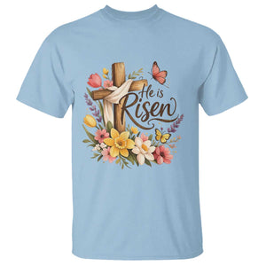 He Is Risen Floral Cross Christian Easter T Shirt Spring Flowers Butterfly Faith Inspirational Gift TS02 Light Blue Print Your Wear