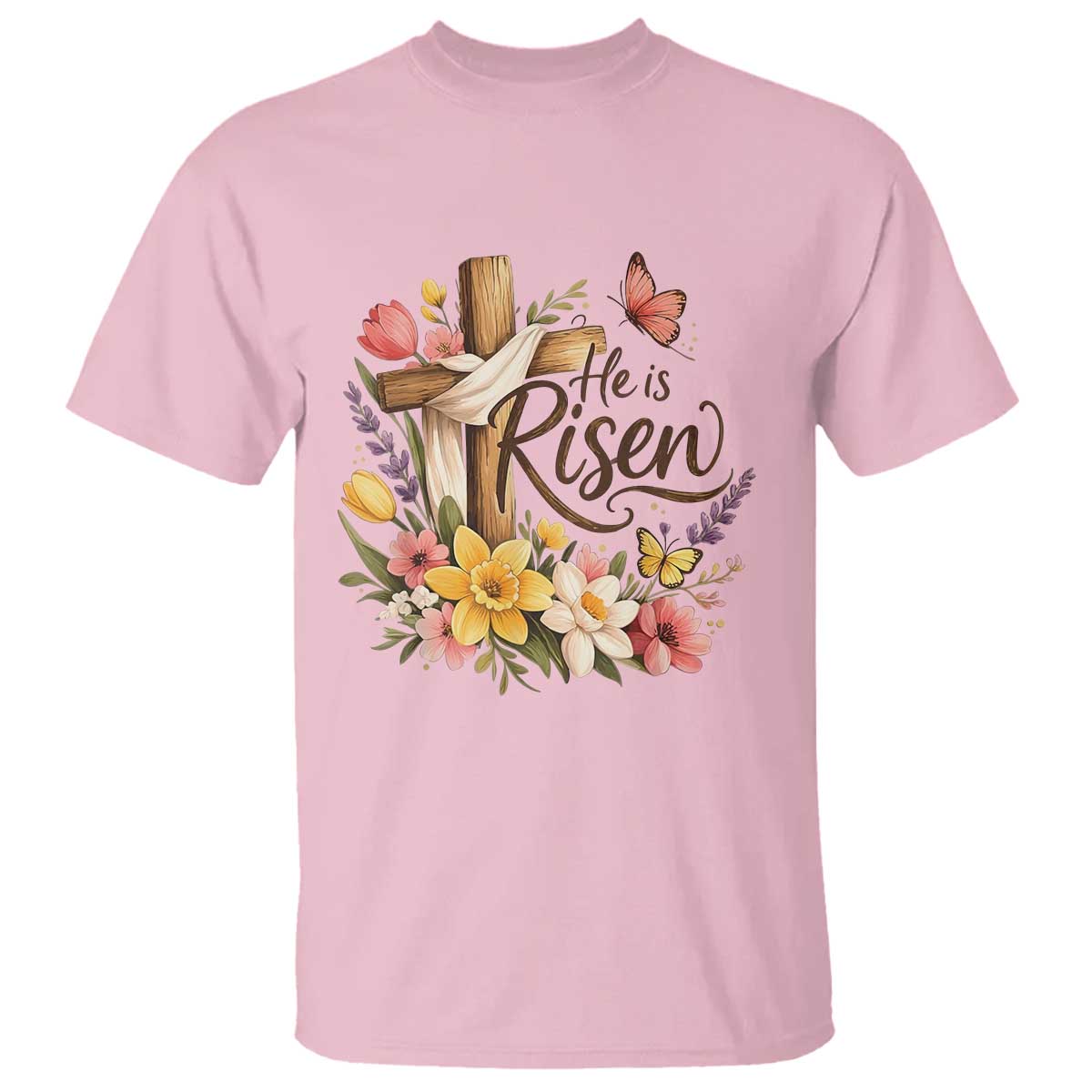 He Is Risen Floral Cross Christian Easter T Shirt Spring Flowers Butterfly Faith Inspirational Gift TS02 Light Pink Print Your Wear