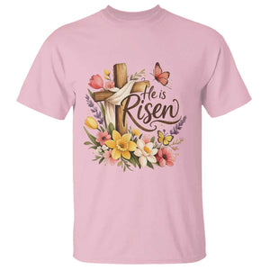 He Is Risen Floral Cross Christian Easter T Shirt Spring Flowers Butterfly Faith Inspirational Gift TS02 Light Pink Print Your Wear