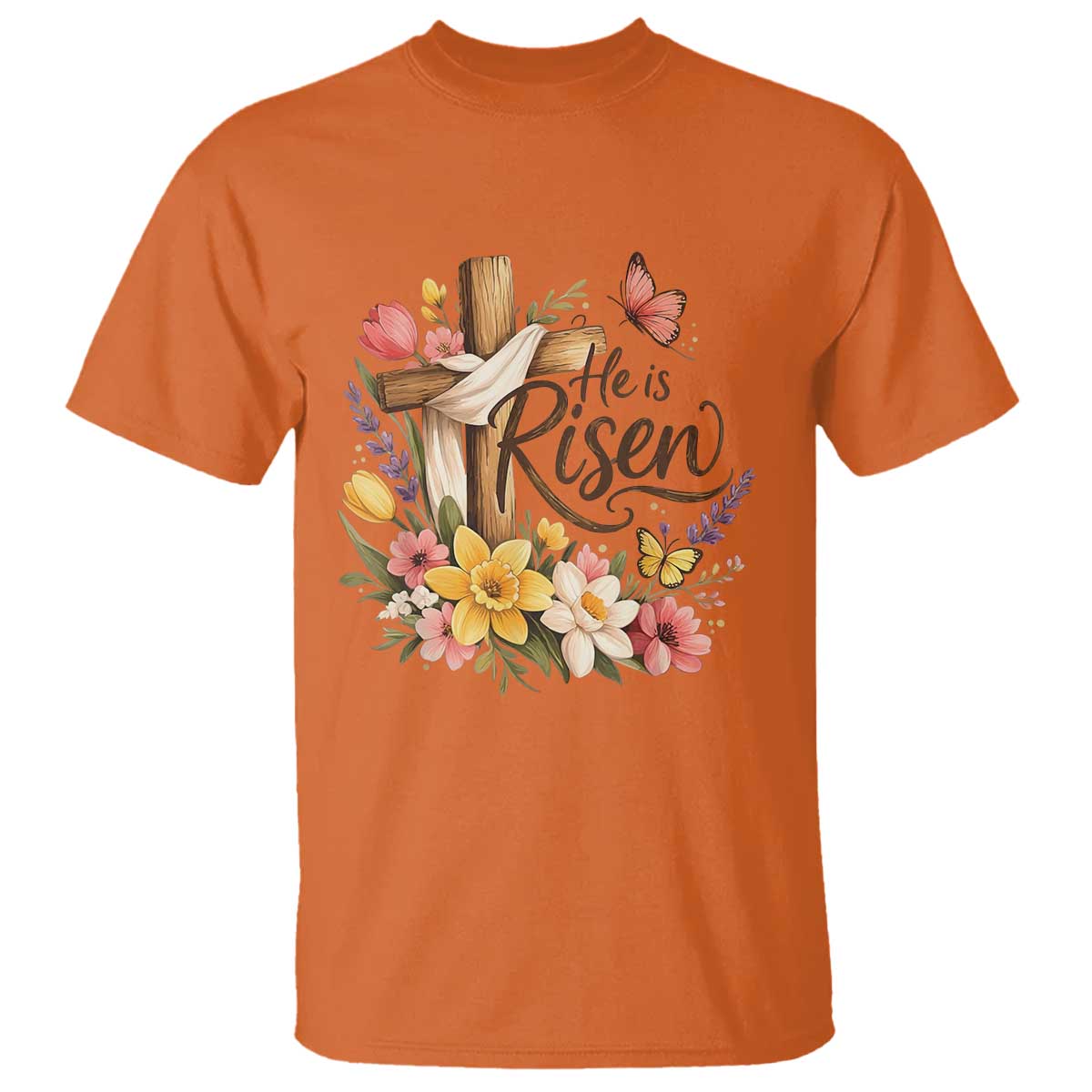 He Is Risen Floral Cross Christian Easter T Shirt Spring Flowers Butterfly Faith Inspirational Gift TS02 Orange Print Your Wear
