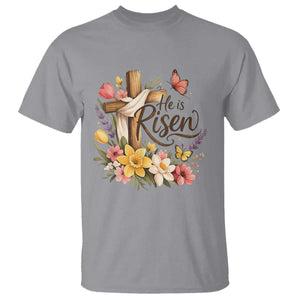 He Is Risen Floral Cross Christian Easter T Shirt Spring Flowers Butterfly Faith Inspirational Gift TS02 Sport Gray Print Your Wear