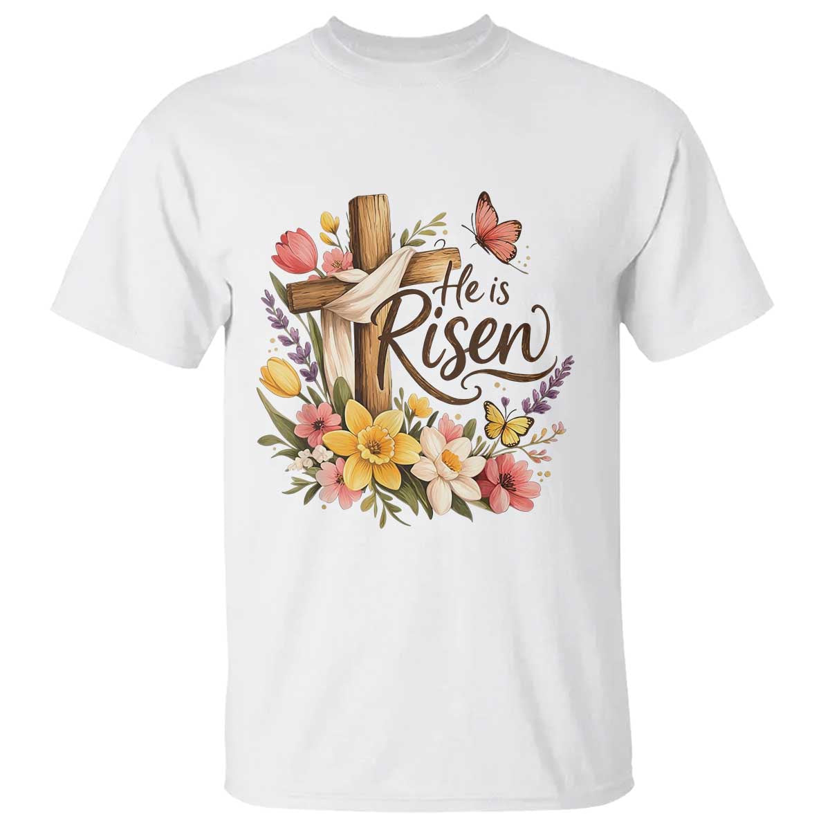 He Is Risen Floral Cross Christian Easter T Shirt Spring Flowers Butterfly Faith Inspirational Gift TS02 White Print Your Wear
