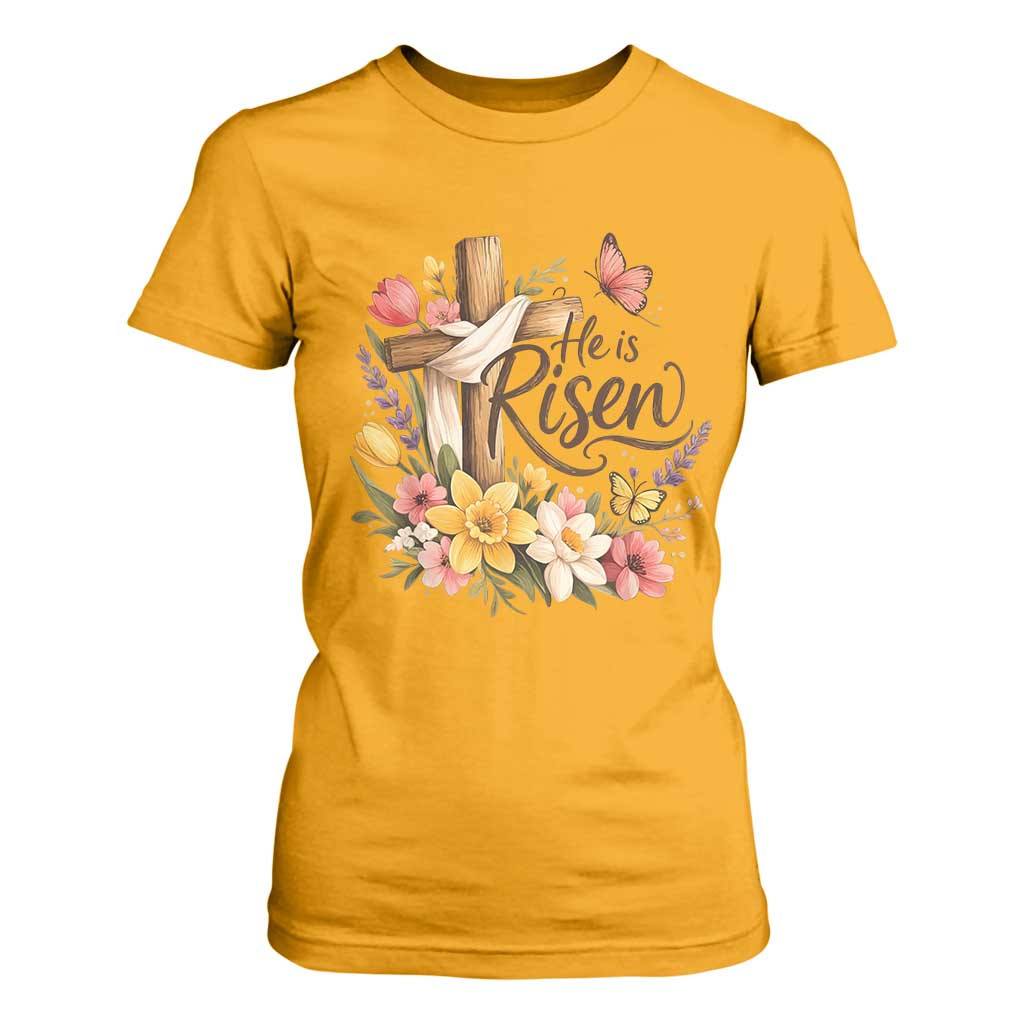 He Is Risen Floral Cross Christian Easter T Shirt For Women Spring Flowers Butterfly Faith Inspirational Gift TS02 Gold Print Your Wear