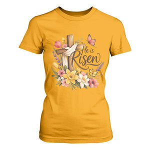 He Is Risen Floral Cross Christian Easter T Shirt For Women Spring Flowers Butterfly Faith Inspirational Gift TS02 Gold Print Your Wear