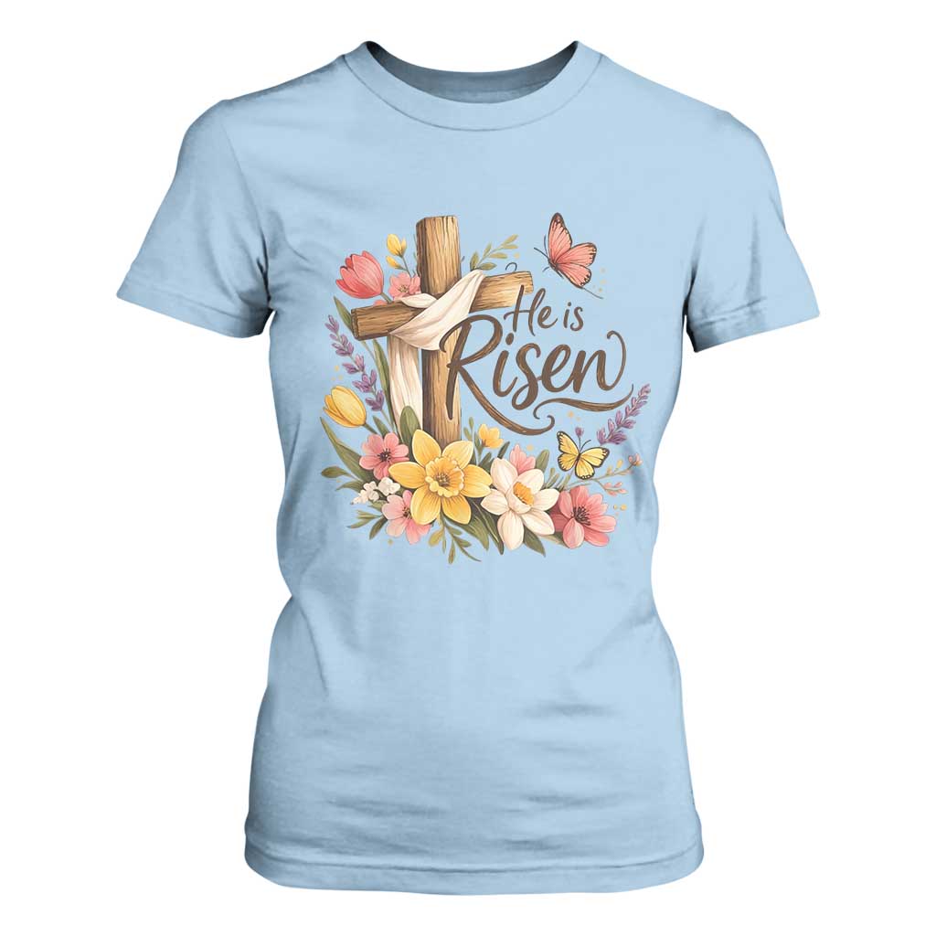 He Is Risen Floral Cross Christian Easter T Shirt For Women Spring Flowers Butterfly Faith Inspirational Gift TS02 Light Blue Print Your Wear