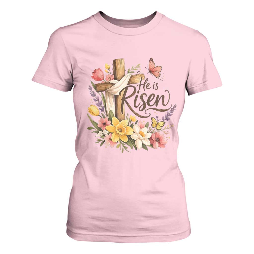 He Is Risen Floral Cross Christian Easter T Shirt For Women Spring Flowers Butterfly Faith Inspirational Gift TS02 Light Pink Print Your Wear