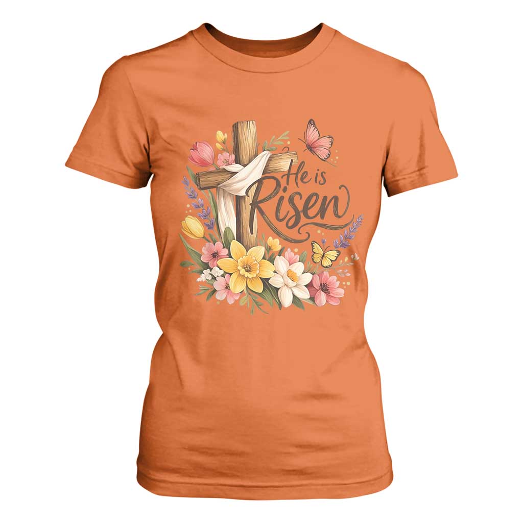 He Is Risen Floral Cross Christian Easter T Shirt For Women Spring Flowers Butterfly Faith Inspirational Gift TS02 Orange Print Your Wear