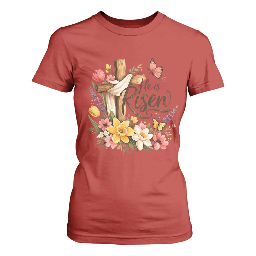 He Is Risen Floral Cross Christian Easter T Shirt For Women Spring Flowers Butterfly Faith Inspirational Gift TS02 Red Print Your Wear
