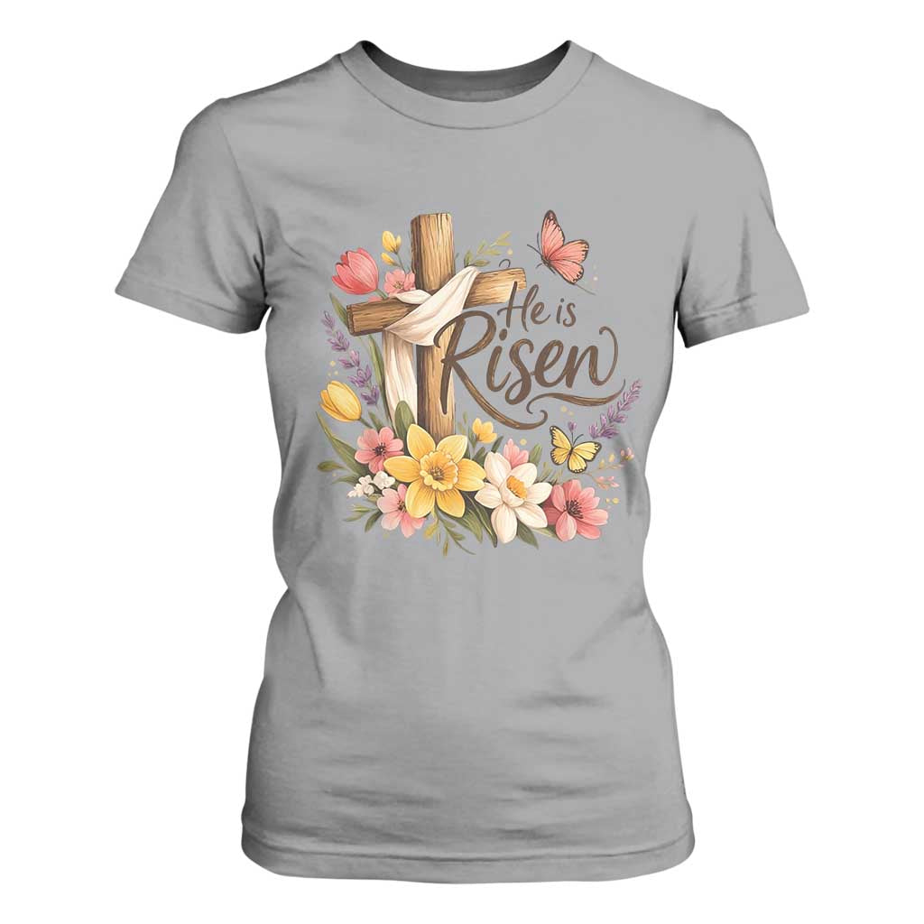 He Is Risen Floral Cross Christian Easter T Shirt For Women Spring Flowers Butterfly Faith Inspirational Gift TS02 Sport Gray Print Your Wear