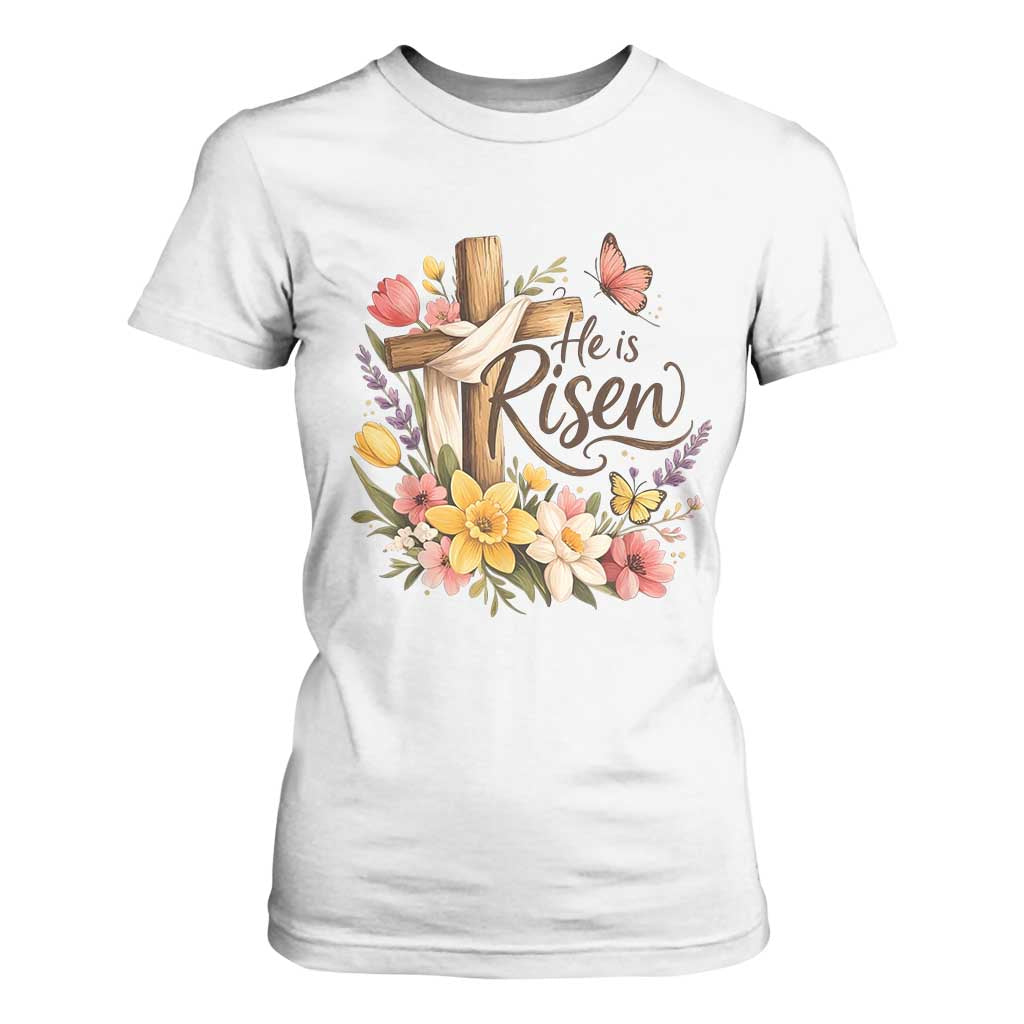 He Is Risen Floral Cross Christian Easter T Shirt For Women Spring Flowers Butterfly Faith Inspirational Gift TS02 White Print Your Wear