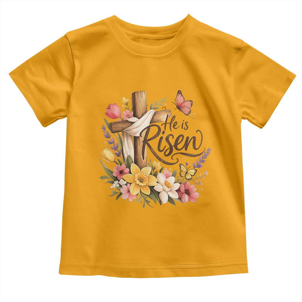 He Is Risen Floral Cross Christian Easter Toddler T Shirt Spring Flowers Butterfly Faith Inspirational Gift TS02 Gold Print Your Wear