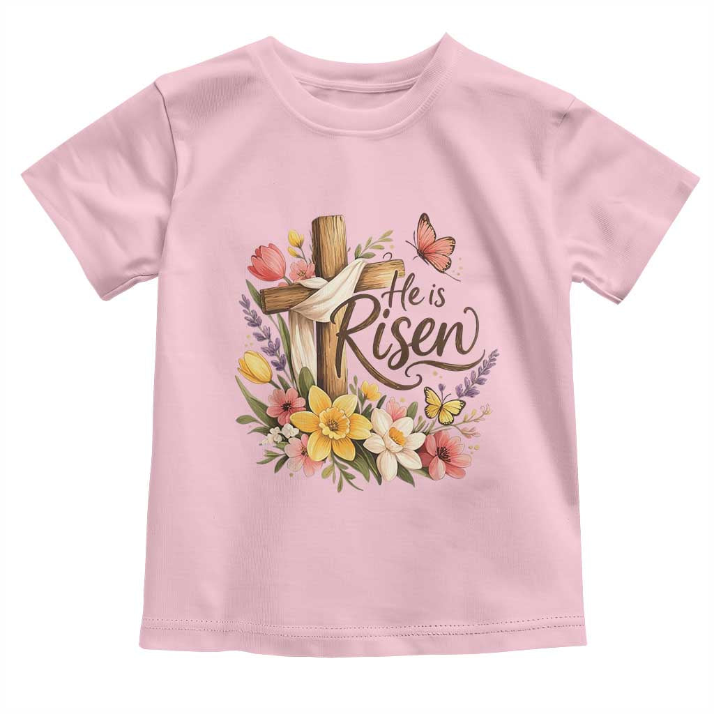 He Is Risen Floral Cross Christian Easter Toddler T Shirt Spring Flowers Butterfly Faith Inspirational Gift TS02 Light Pink Print Your Wear