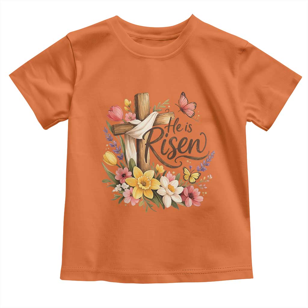 He Is Risen Floral Cross Christian Easter Toddler T Shirt Spring Flowers Butterfly Faith Inspirational Gift TS02 Orange Print Your Wear