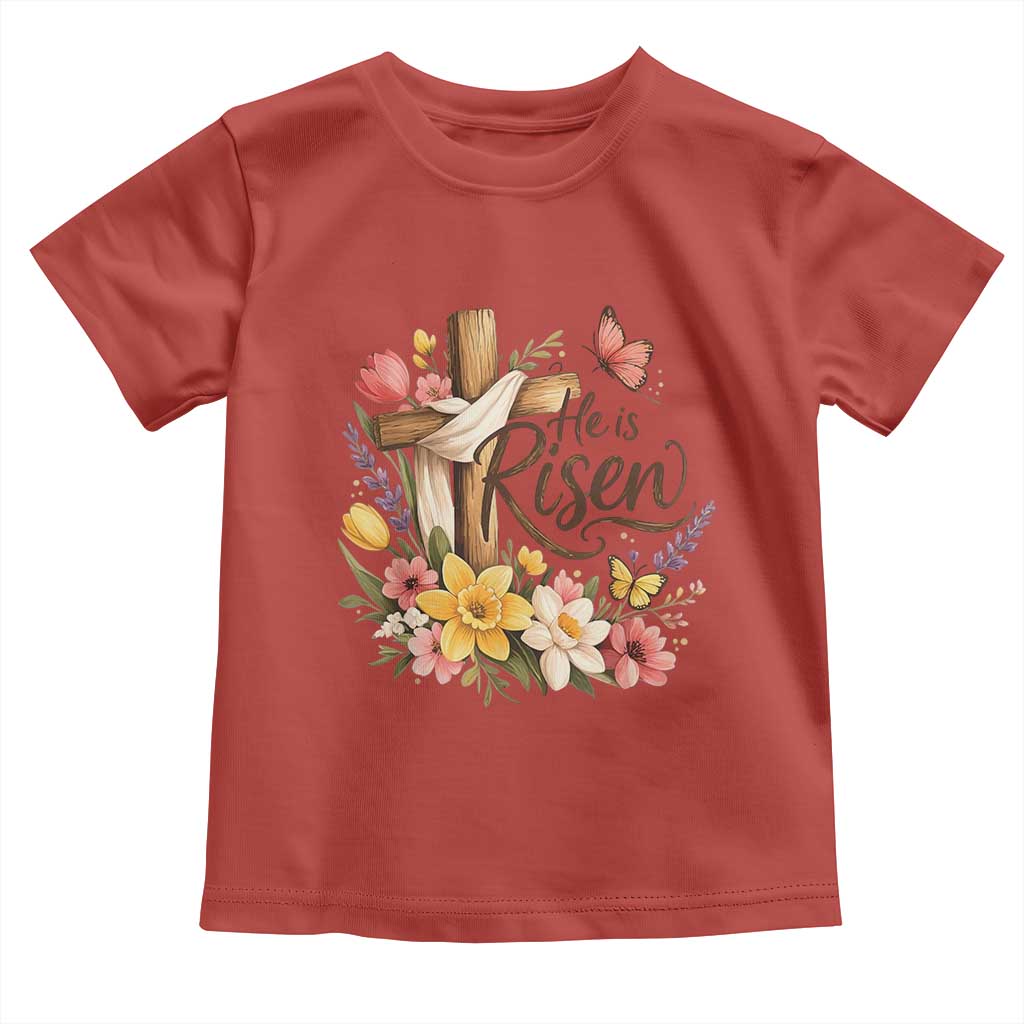 He Is Risen Floral Cross Christian Easter Toddler T Shirt Spring Flowers Butterfly Faith Inspirational Gift TS02 Red Print Your Wear