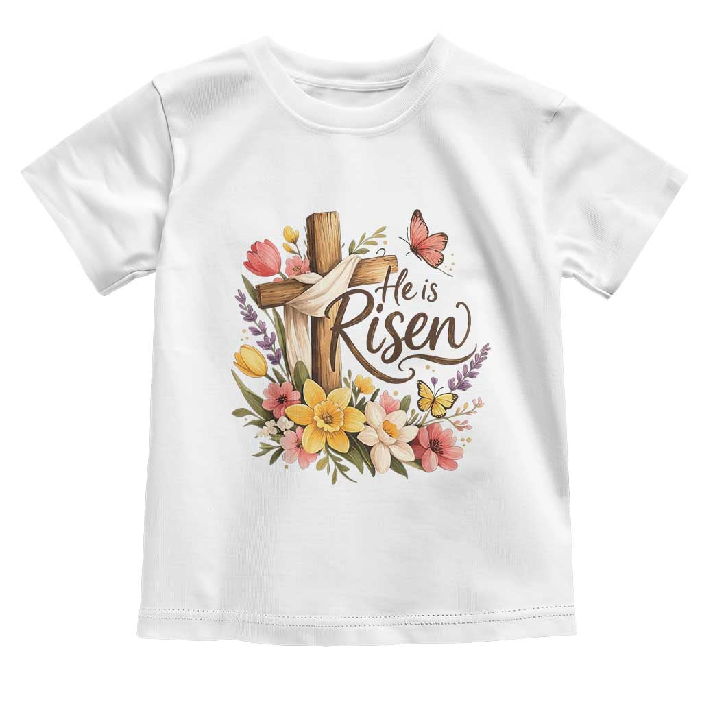 He Is Risen Floral Cross Christian Easter Toddler T Shirt Spring Flowers Butterfly Faith Inspirational Gift TS02 White Print Your Wear