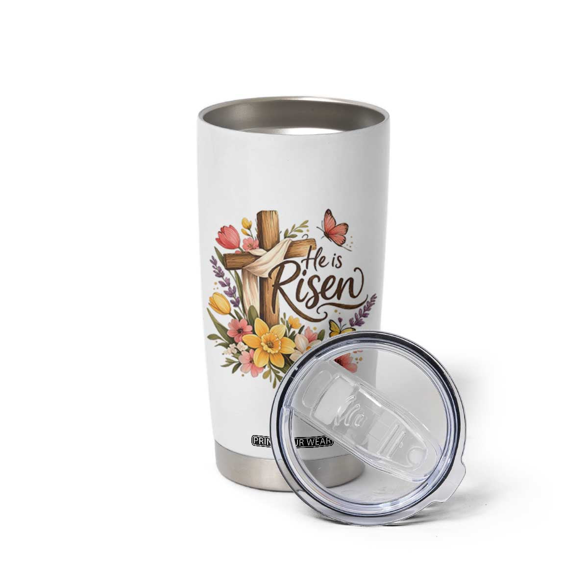 He Is Risen Floral Cross Christian Easter Tumbler Cup Spring Flowers Butterfly Faith Inspirational Gift TS02 Print Your Wear