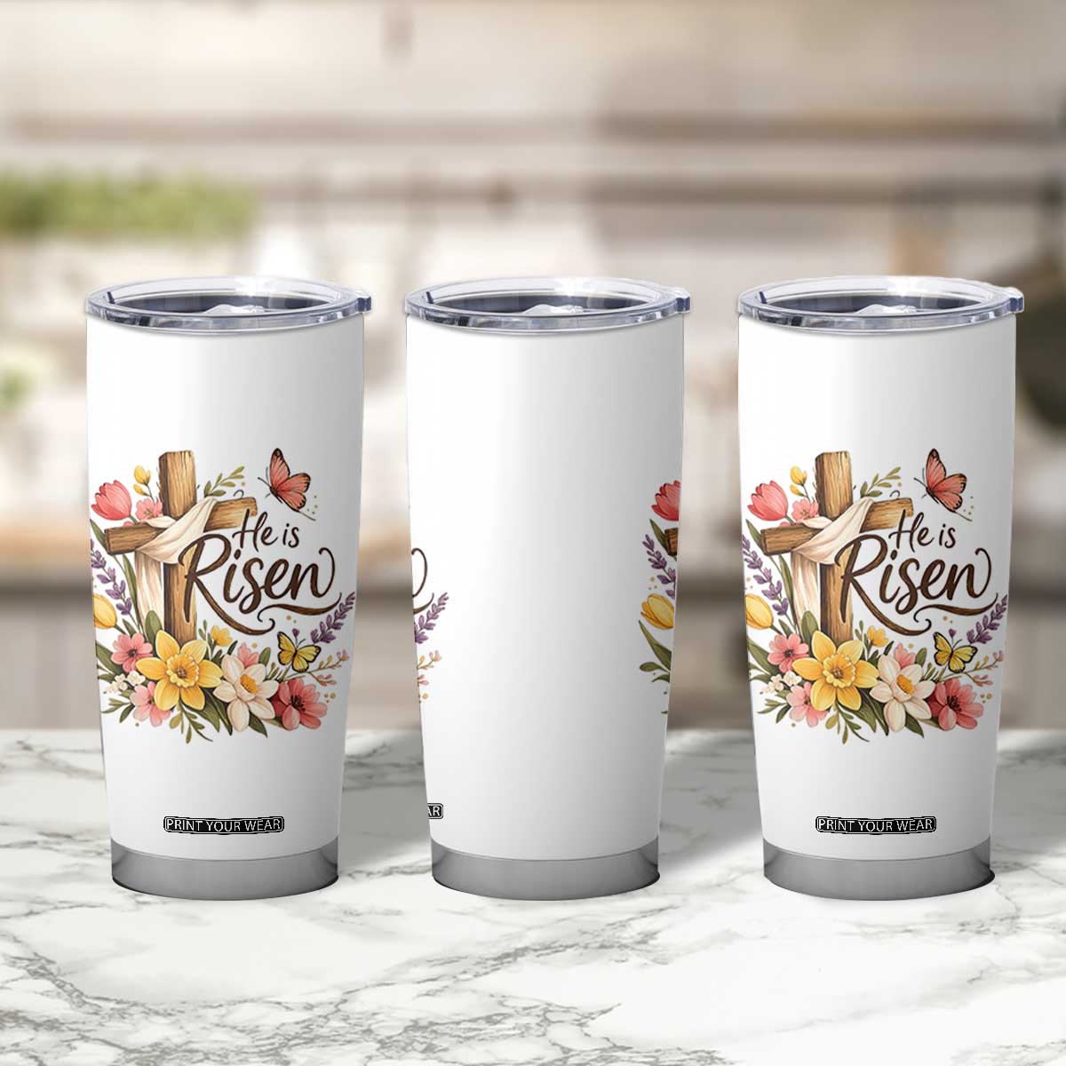 He Is Risen Floral Cross Christian Easter Tumbler Cup Spring Flowers Butterfly Faith Inspirational Gift TS02 Print Your Wear
