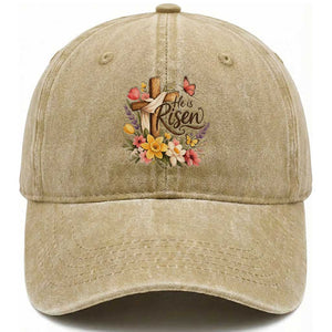 He Is Risen Floral Cross Christian Easter Washed Cotton Baseball Cap Spring Flowers Butterfly Faith Inspirational Gift TS02 Print Your Wear