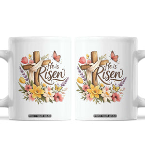 He Is Risen Floral Cross Christian Easter Coffee Mug Spring Flowers Butterfly Faith Inspirational Gift TS02 White Print Your Wear