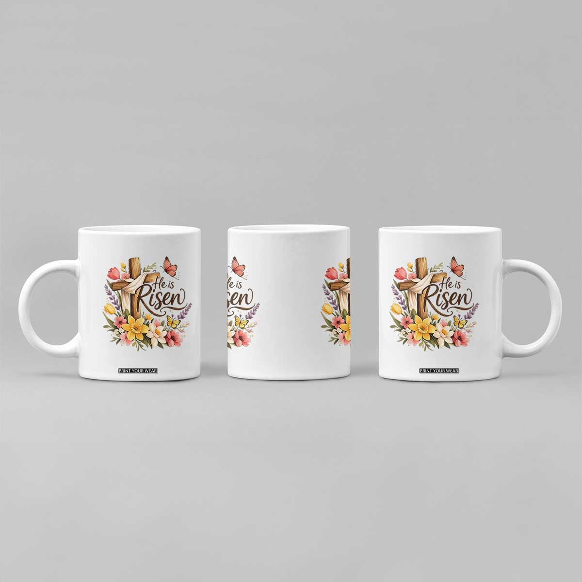He Is Risen Floral Cross Christian Easter Coffee Mug Spring Flowers Butterfly Faith Inspirational Gift TS02 Print Your Wear