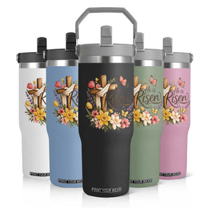 He Is Risen Floral Cross Christian Easter Flip Straw Tumbler Spring Flowers Butterfly Faith Inspirational Gift TS02 Print Your Wear