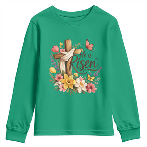 He Is Risen Floral Cross Christian Easter Youth Sweatshirt Spring Flowers Butterfly Faith Inspirational Gift TS02 Irish Green Print Your Wear