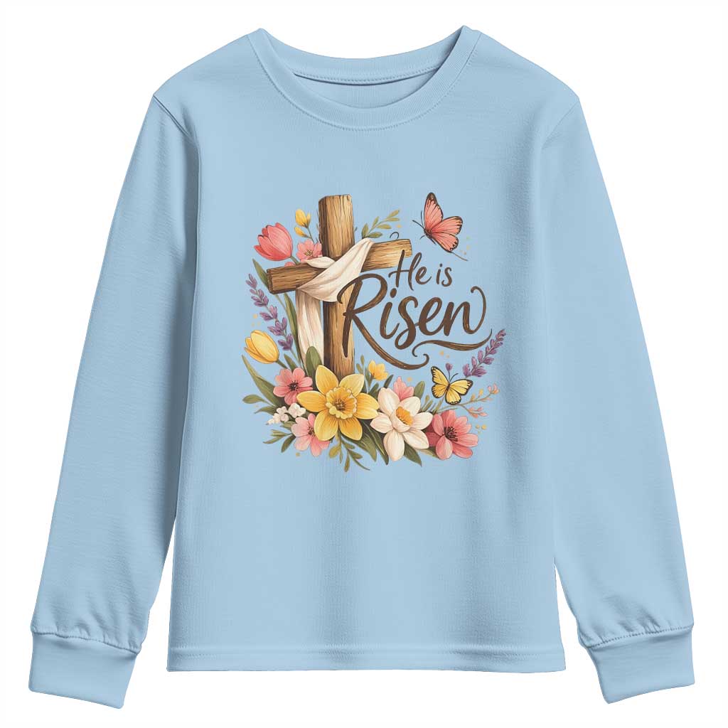 He Is Risen Floral Cross Christian Easter Youth Sweatshirt Spring Flowers Butterfly Faith Inspirational Gift TS02 Light Blue Print Your Wear