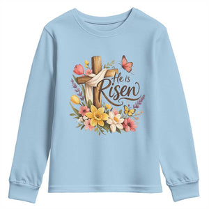 He Is Risen Floral Cross Christian Easter Youth Sweatshirt Spring Flowers Butterfly Faith Inspirational Gift TS02 Light Blue Print Your Wear