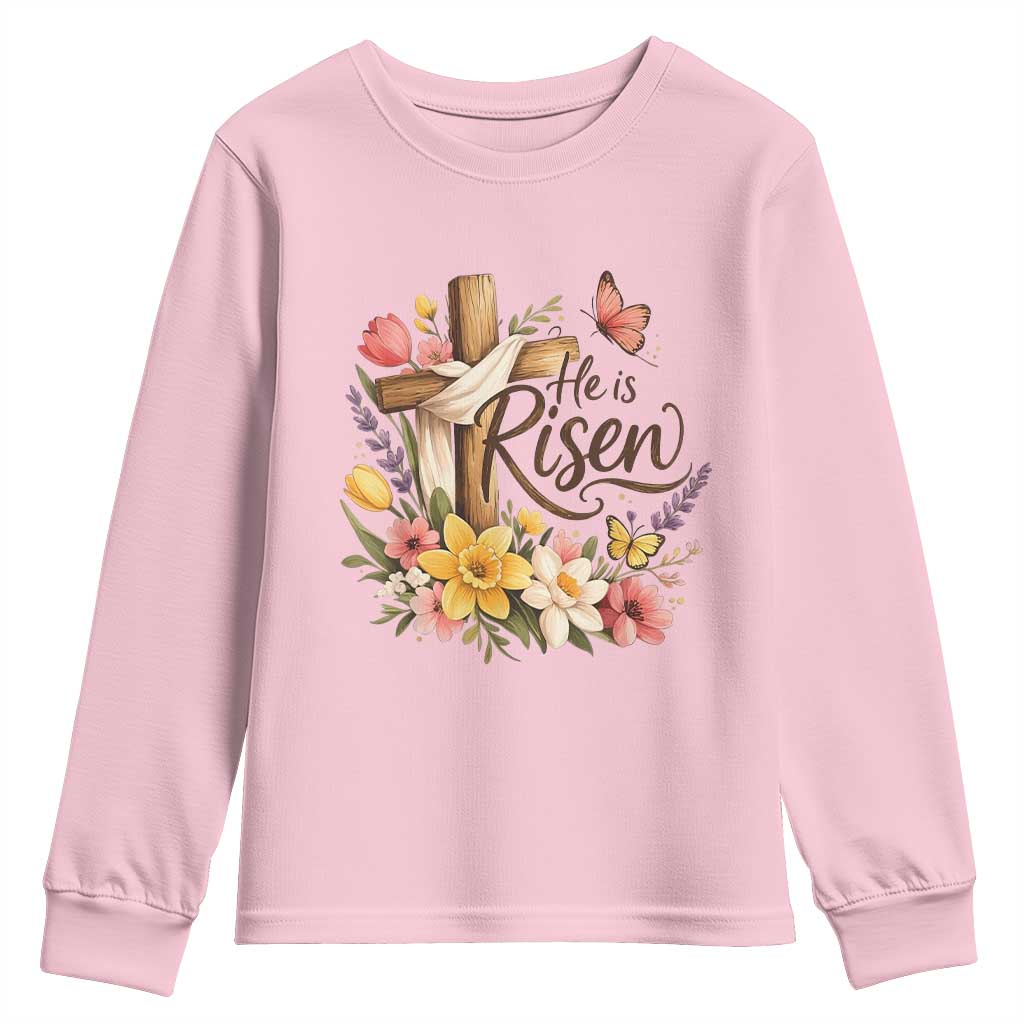 He Is Risen Floral Cross Christian Easter Youth Sweatshirt Spring Flowers Butterfly Faith Inspirational Gift TS02 Light Pink Print Your Wear