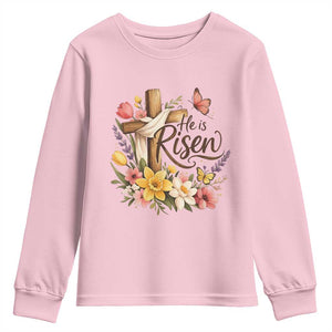 He Is Risen Floral Cross Christian Easter Youth Sweatshirt Spring Flowers Butterfly Faith Inspirational Gift TS02 Light Pink Print Your Wear