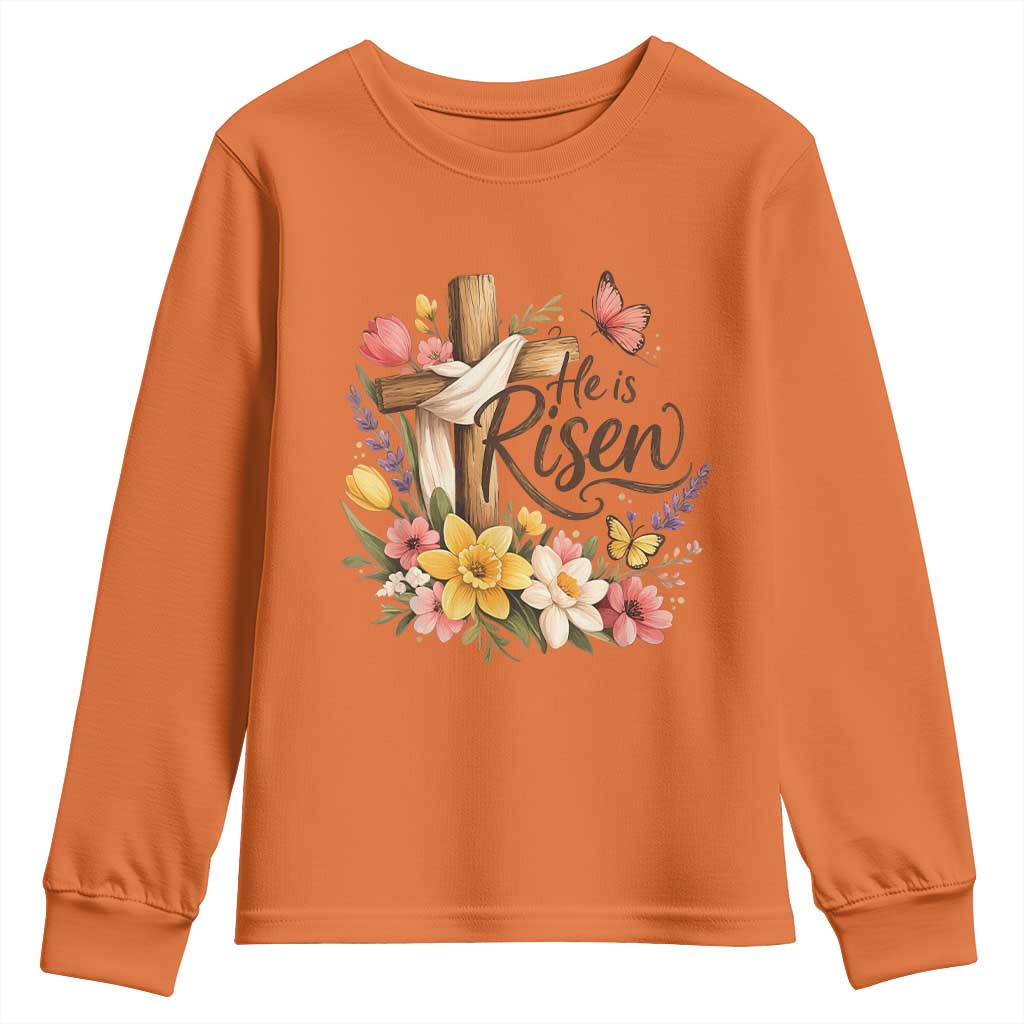 He Is Risen Floral Cross Christian Easter Youth Sweatshirt Spring Flowers Butterfly Faith Inspirational Gift TS02 Orange Print Your Wear