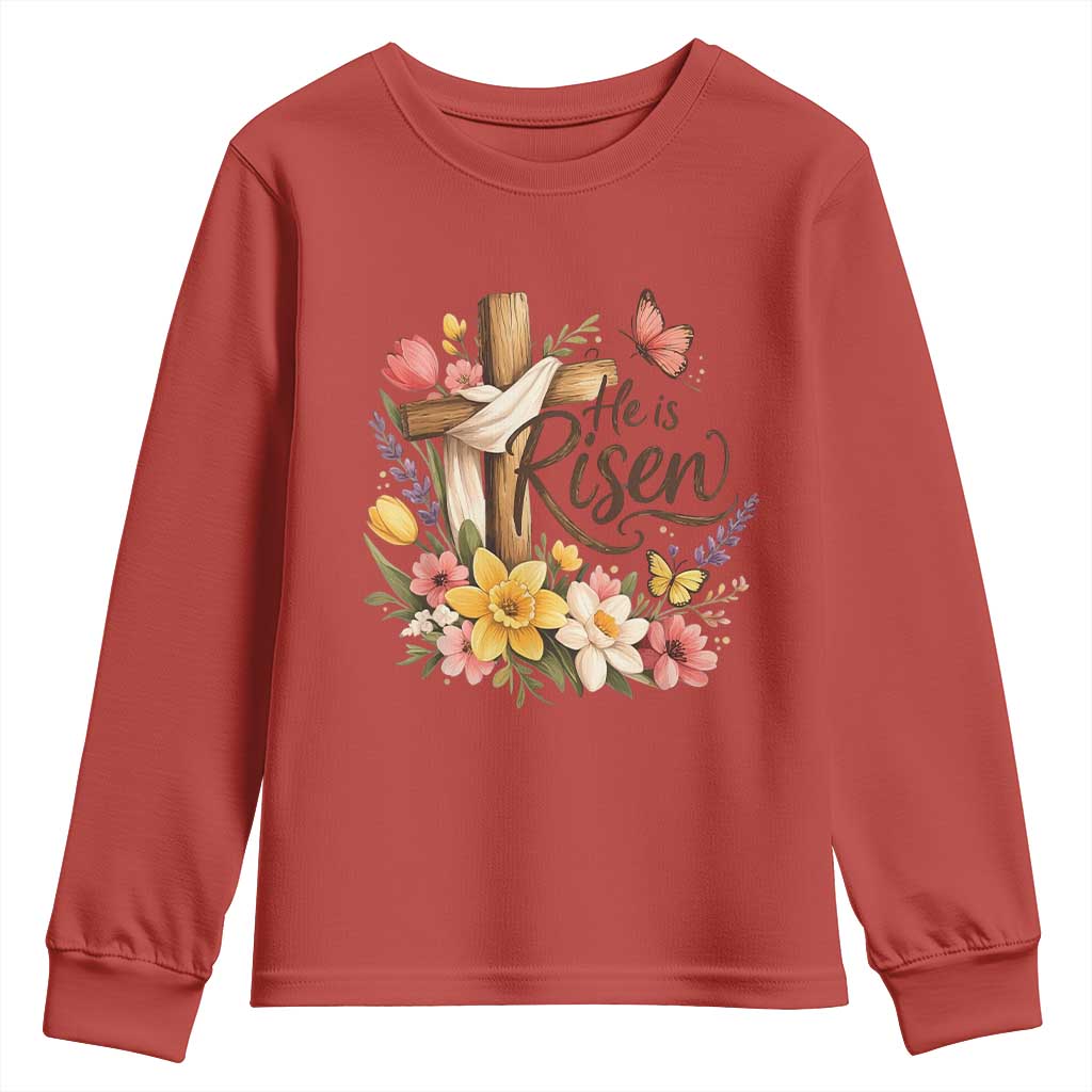 He Is Risen Floral Cross Christian Easter Youth Sweatshirt Spring Flowers Butterfly Faith Inspirational Gift TS02 Red Print Your Wear