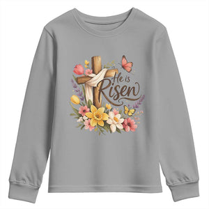 He Is Risen Floral Cross Christian Easter Youth Sweatshirt Spring Flowers Butterfly Faith Inspirational Gift TS02 Sport Gray Print Your Wear