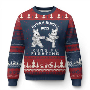 Funny Easter Rabbit Martial Arts Ugly Christmas Sweater Every Bunny Was Kung Fu Fighting Cute Bunny Humor Gift TS02 Navy Red Print Your Wear