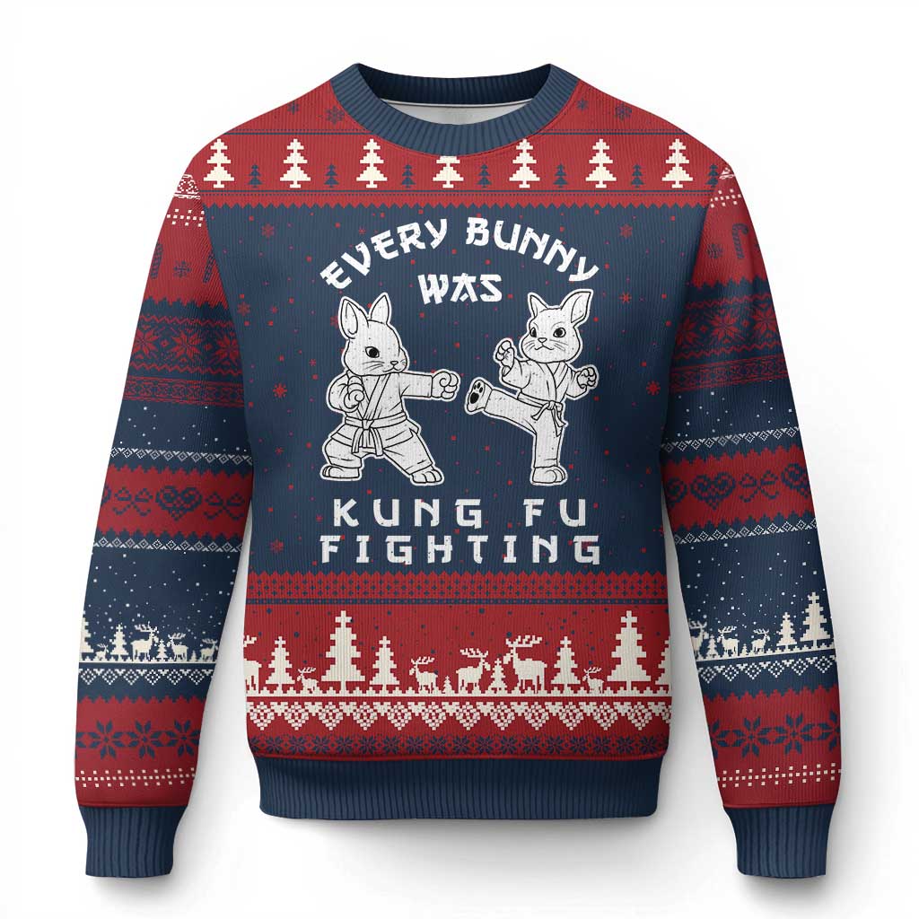 Funny Easter Rabbit Martial Arts Ugly Christmas Sweater Every Bunny Was Kung Fu Fighting Cute Bunny Humor Gift TS02 Navy Red Print Your Wear