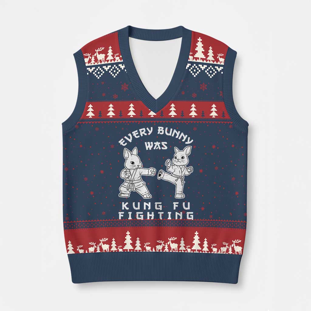 Funny Easter Rabbit Martial Arts V-Neck Knit Sweater Vest Every Bunny Was Kung Fu Fighting Cute Bunny Humor Gift TS02 Navy Red Print Your Wear