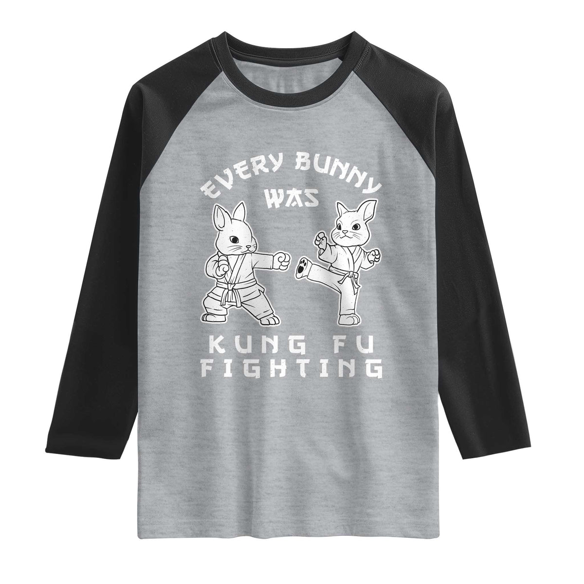 Funny Easter Rabbit Martial Arts Raglan Shirt Every Bunny Was Kung Fu Fighting Cute Bunny Humor Gift TS02 Heather Gray Black Print Your Wear