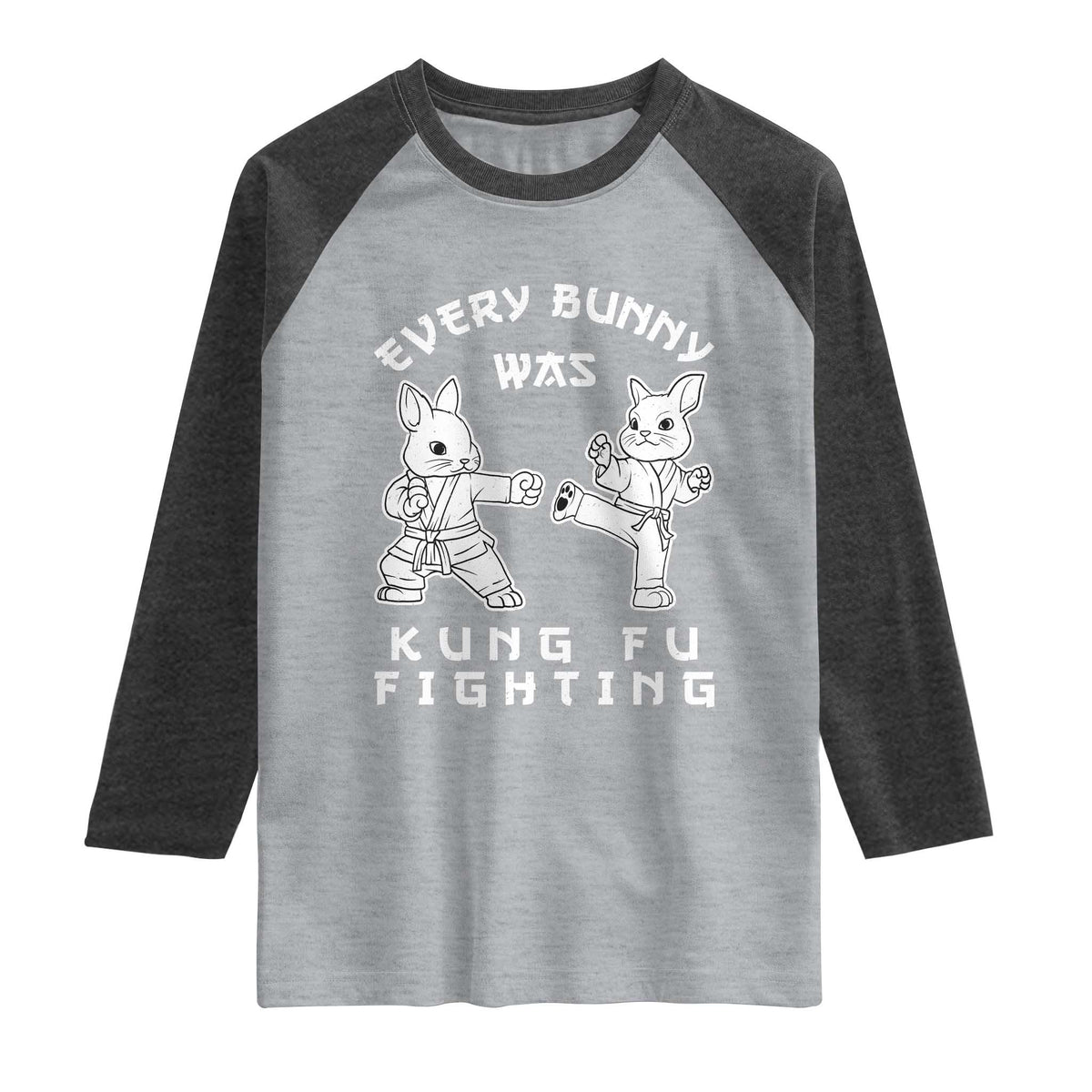 Funny Easter Rabbit Martial Arts Raglan Shirt Every Bunny Was Kung Fu Fighting Cute Bunny Humor Gift TS02 Heather Gray Heather Charcoal Print Your Wear