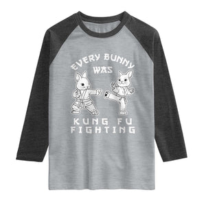 Funny Easter Rabbit Martial Arts Raglan Shirt Every Bunny Was Kung Fu Fighting Cute Bunny Humor Gift TS02 Heather Gray Heather Charcoal Print Your Wear