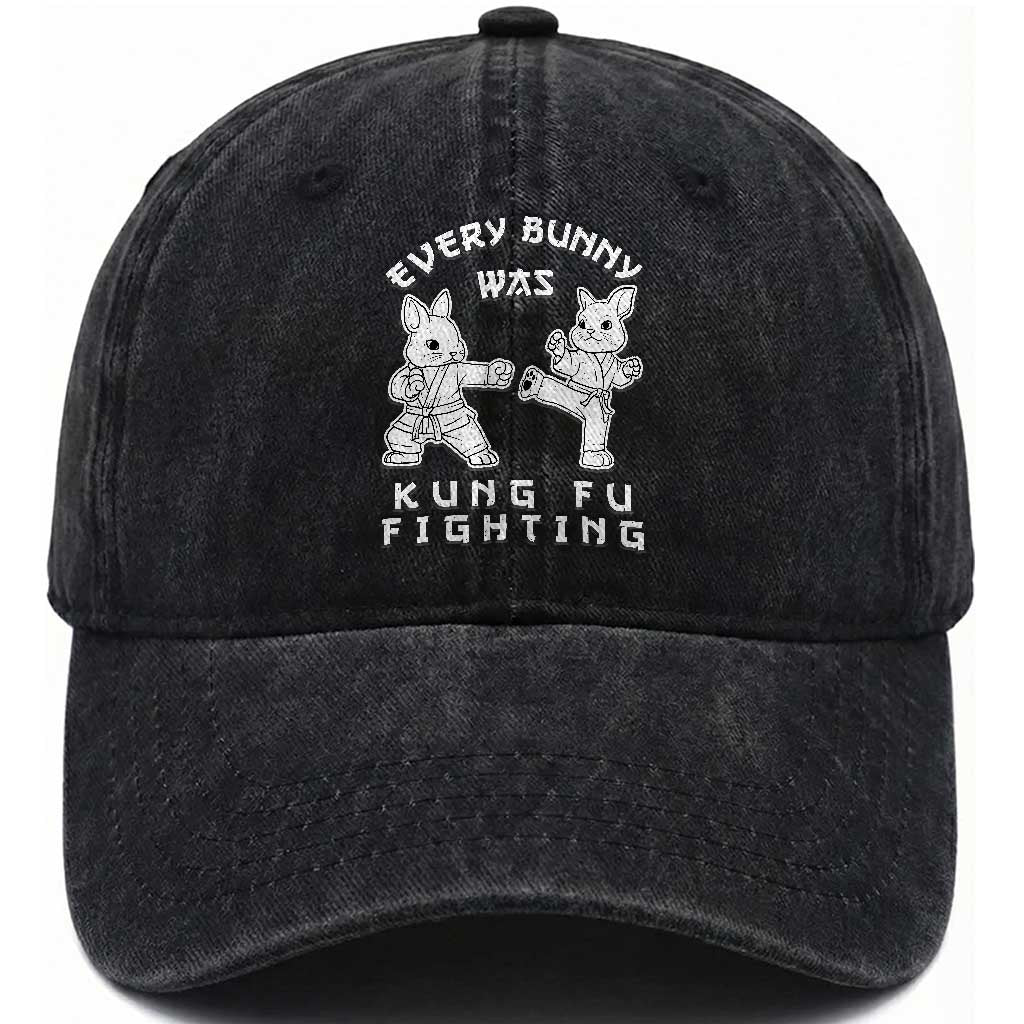 Funny Easter Rabbit Martial Arts Washed Cotton Baseball Cap Every Bunny Was Kung Fu Fighting Cute Bunny Humor Gift TS02 Print Your Wear