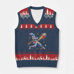 Cool Easter Bunny Baseball Player Neon Paint Splash Graphic V-Neck Knit Sweater Vest Funny Rabbit Sports with Egg Bat Hit Gift TS02 Navy Red Print Your Wear