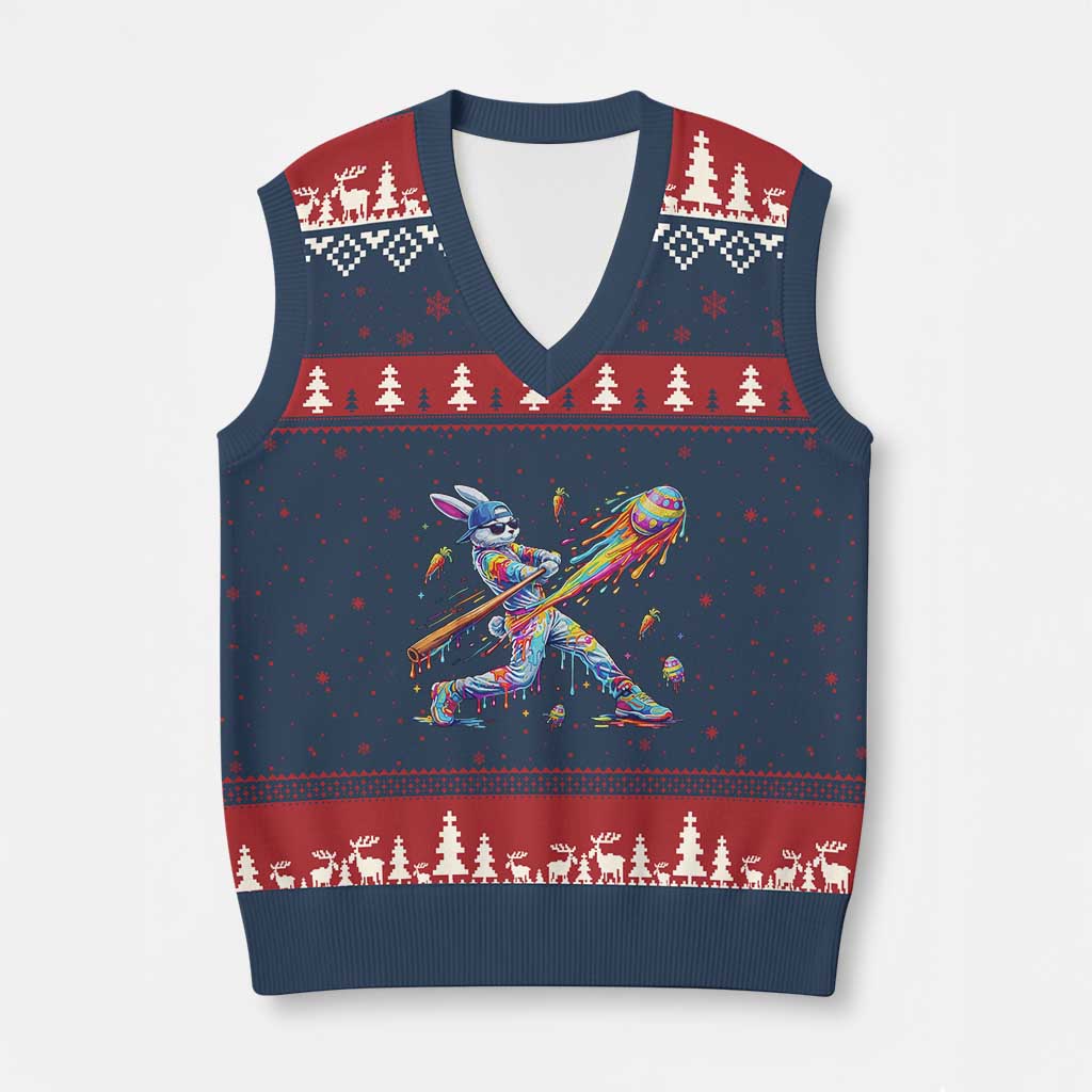 Cool Easter Bunny Baseball Player Neon Paint Splash Graphic V-Neck Knit Sweater Vest Funny Rabbit Sports with Egg Bat Hit Gift TS02 Navy Red Print Your Wear