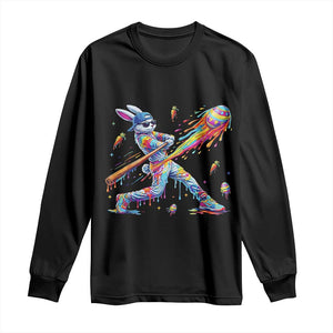 Cool Easter Bunny Baseball Player Neon Paint Splash Graphic Long Sleeve Shirt Funny Rabbit Sports with Egg Bat Hit Gift TS02 Black Print Your Wear