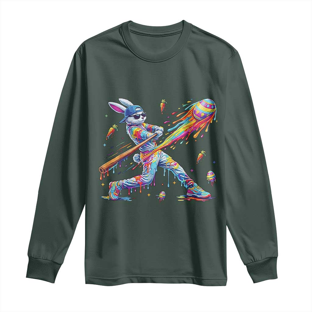 Cool Easter Bunny Baseball Player Neon Paint Splash Graphic Long Sleeve Shirt Funny Rabbit Sports with Egg Bat Hit Gift TS02 Dark Forest Green Print Your Wear