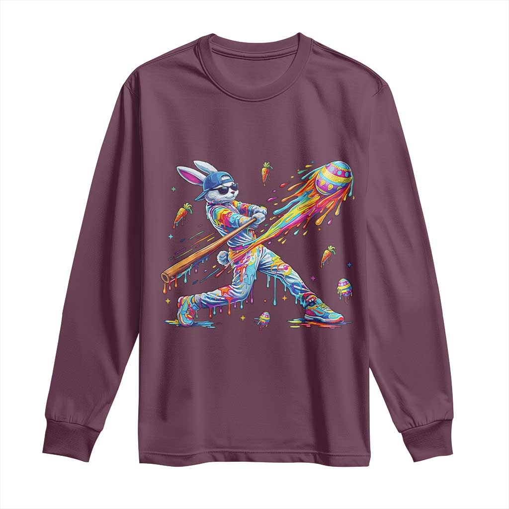Cool Easter Bunny Baseball Player Neon Paint Splash Graphic Long Sleeve Shirt Funny Rabbit Sports with Egg Bat Hit Gift TS02 Maroon Print Your Wear