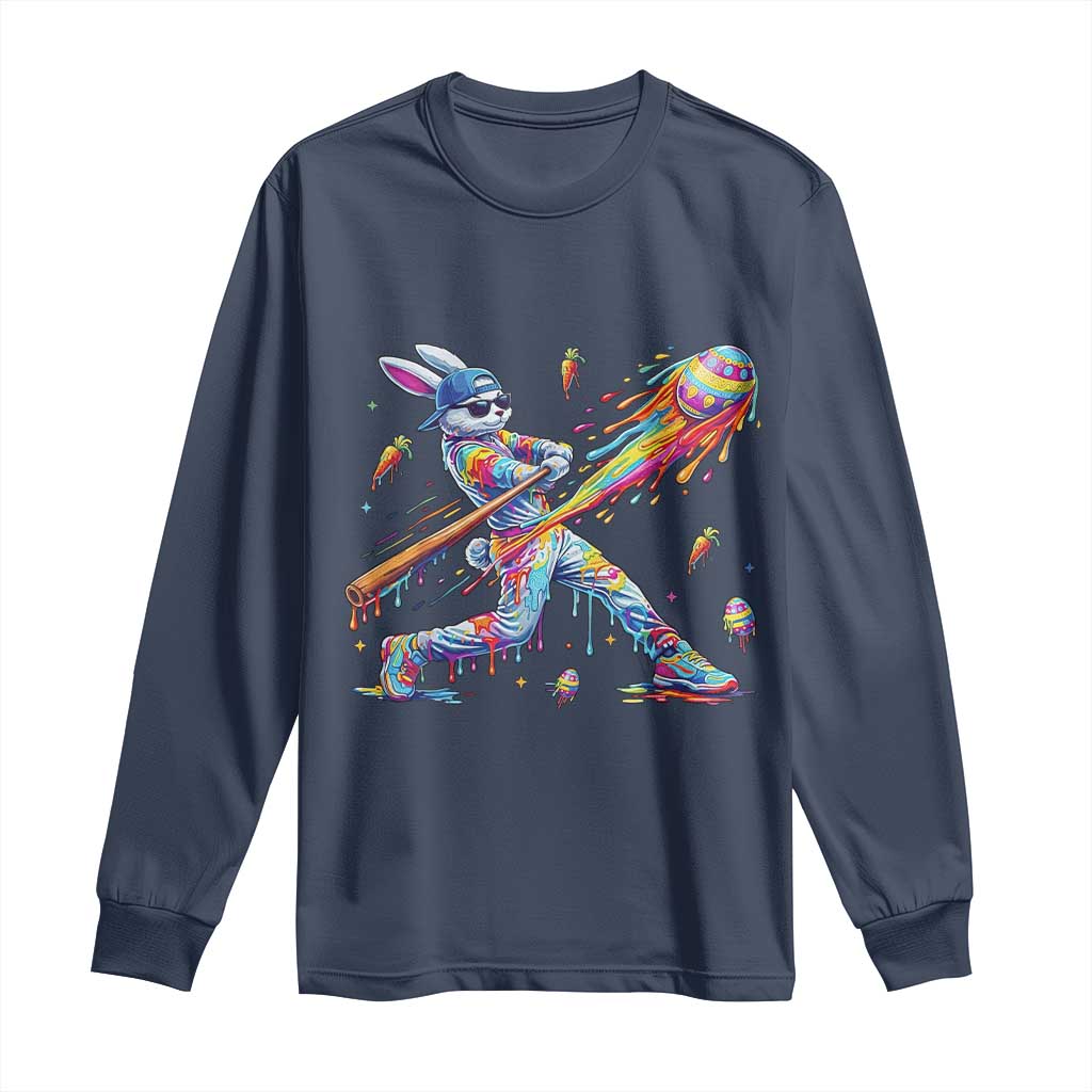 Cool Easter Bunny Baseball Player Neon Paint Splash Graphic Long Sleeve Shirt Funny Rabbit Sports with Egg Bat Hit Gift TS02 Navy Print Your Wear