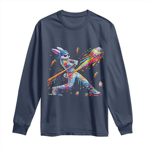 Cool Easter Bunny Baseball Player Neon Paint Splash Graphic Long Sleeve Shirt Funny Rabbit Sports with Egg Bat Hit Gift TS02 Navy Print Your Wear