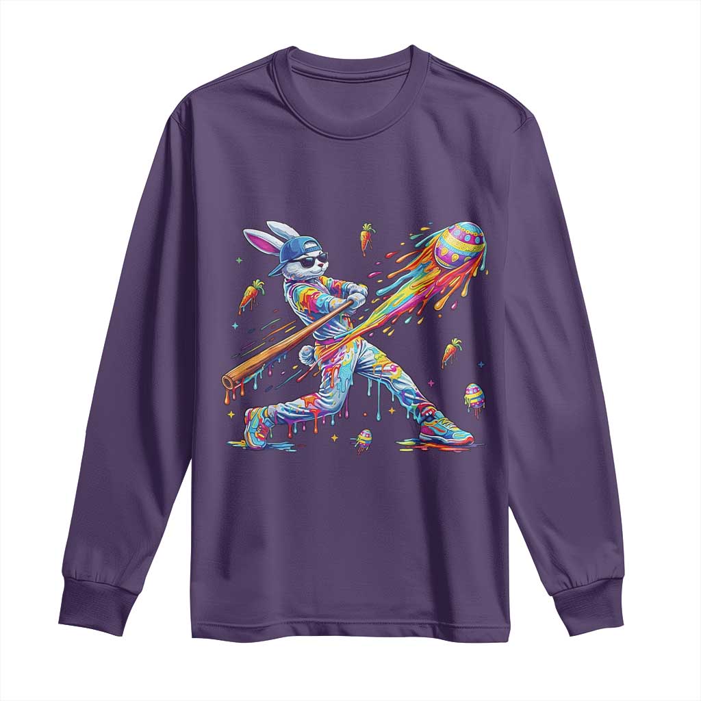 Cool Easter Bunny Baseball Player Neon Paint Splash Graphic Long Sleeve Shirt Funny Rabbit Sports with Egg Bat Hit Gift TS02 Purple Print Your Wear