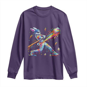 Cool Easter Bunny Baseball Player Neon Paint Splash Graphic Long Sleeve Shirt Funny Rabbit Sports with Egg Bat Hit Gift TS02 Purple Print Your Wear